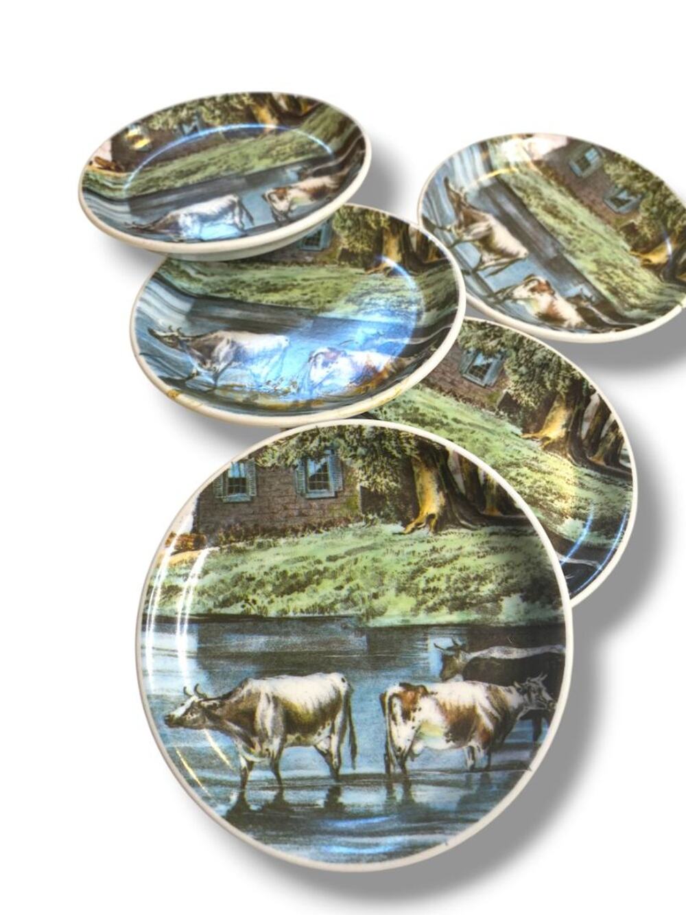 Set of 5 Vintage Melamine Drink Coasters Cattle Pond 4" Diameter